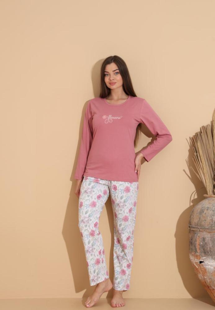 Pijama Dama „Flowers'" ,Pantaloni si Maneca Lunga,Culoare Roz Prafuit,Engros